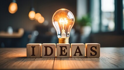 hand touching on light bulb on wood block with Word Ideas, new idea concept with innovation and inspiration, innovative technology in science and communication concept...