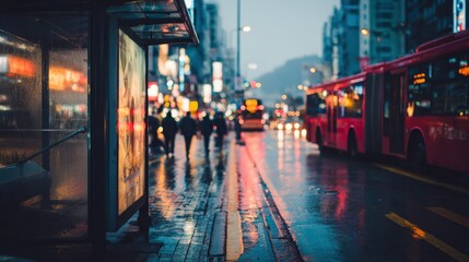 Fototapeta premium Vibrant Cityscape at Night: Capturing Urban Life on a Wet Evening with Buses and Pedestrians