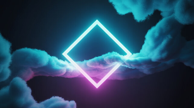 Neon Diamond Frame Surrounded by Wispy Blue and Pink Clouds on Dark Background shape geometric