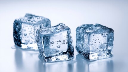 Obraz premium Three Refreshing Ice Cubes with Water Droplets, Ideal for Beverage and Cooling Concepts