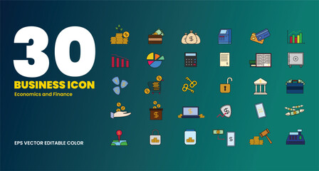 Finance color icon set. Vector pictograms of money, wallet, banking tools, currency symbols, investment chart, financial services, piggy bank, dollar thin linear illustration.