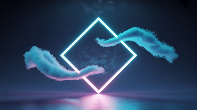 Neon geometric shape with glowing pink and blue light surrounded by wisps of smoke image photo - Powered by Adobe
