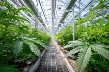 Fototapeta premium Greenhouse cultivating cannabis plants under bright sunlight in a controlled environment