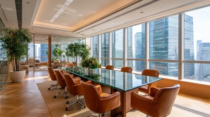 Fototapeta premium Executive Boardroom with City Views, Modern Interior Design for Corporate Meetings and High-rise Office Space