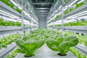 Fresh lettuce growing in a hydroponic farm under bright LED lights in a controlled environment