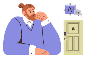 Thoughtful man resting chin on hand, digital AI chip and magnifying glass, secured door. Ideal for technology, artificial intelligence, cybersecurity, problem-solving, innovation, contemplation