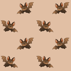Seamless Halloween pattern featuring cute flying bats on a soft beige background. Adorable cartoon style perfect for seasonal designs, invitations, textiles, and wrapping paper.