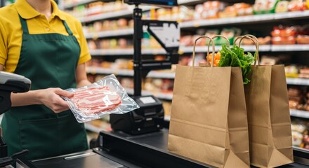 Supermarket checkout scene featuring cashier scanning bacon with packed grocery bags