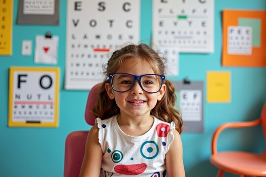 Vibrant Eye Exam Scene: Young Girl Wearing Oversized Glasses Surrounded by Colorful Charts and Visual Aids