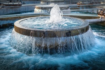 Water treatment facility showcases circular aeration tanks with bubbling water in a modern environment