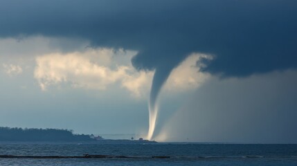 A tornado is seen in the distance over the ocean. The sky is cloudy and the water is calm