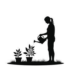 Silhouette of woman watering potted plants in grass 1