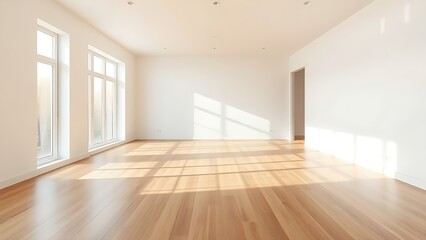 Fototapeta premium Minimalist living room with wooden floors, embodying clean and spacious design.