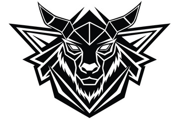 Geometric Ram Head Art with Sharp Angles in Black and White, Modern Tribal Design
