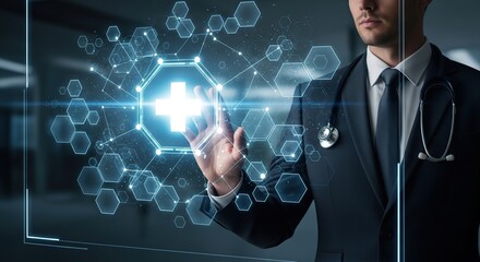 Doctor interacting with a futuristic medical technology interface