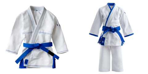 Set of judo uniforms with blue belts, isolated on a transparent background.