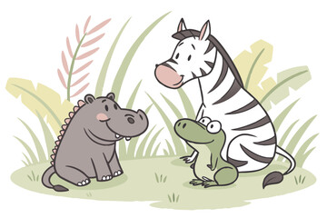 Fototapeta premium Cute cartoon hippo zebra and frog friends sitting together in a grassy savanna landscape