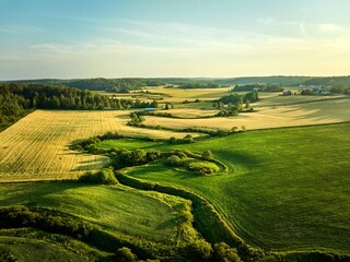 Aerial view of lush rural fields.