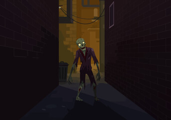 Cartoon Zombie in Dark Alleyway with Glowing Eyes