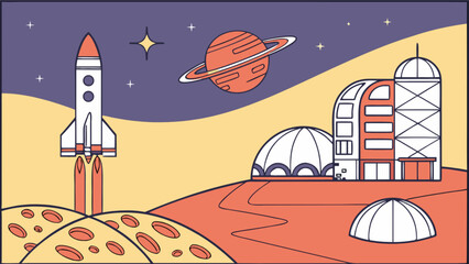 Space exploration and colonization vector illustration of rocket spaceship and mars base design for web and print