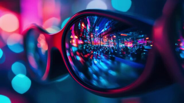 This video features stylish sunglasses showcasing vibrant reflections of a cityscape. Perfect for tech enthusiasts and fashion lovers. A stunning visual experience. Generative AI