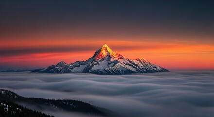 Majestic mountain peak bathed in the warm glow of sunrise over clouds