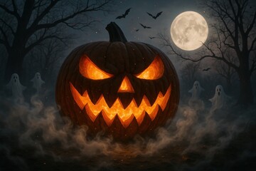 Fototapeta premium spooky halloween night with glowing jack-o'-lantern in foggy forest under full moonlit sky