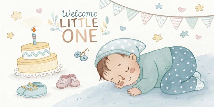 Adorable watercolor illustration of a sleeping baby boy with a birthday cake and booties