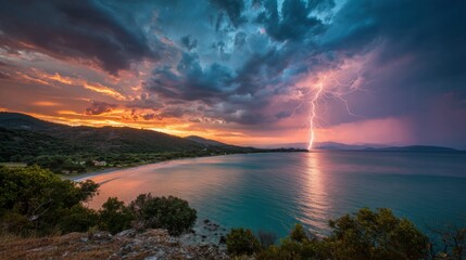 A beautiful sunset over the ocean with a large lightning bolt in the sky. Scene is serene and peaceful, with the contrast of the bright colors of the sunset and the dark