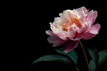 Beautiful pink peony flower with delicate petals and vibrant center on a dark background showcasing nature's elegance