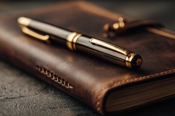 Elegant fountain pen resting on leather journal, perfect for luxury branding and design