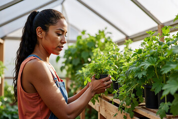 young latina woman gardening in greenhouse examining potted plants, surrounded by lush greenery, sunny day