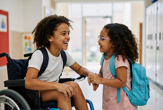 Joyful young children in school hallway, boy in wheelchair and girl with backpack sharing a laugh - Powered by Adobe