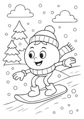 Fototapeta premium Coloring book page of a tomato snowboarding on a snowy hill.