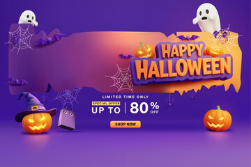 Halloween sale banner template, Perfect for promoting a sale with discounts up to 80% off. Ideal for Halloween promotions, online stores, or social media marketing during the Halloween season.