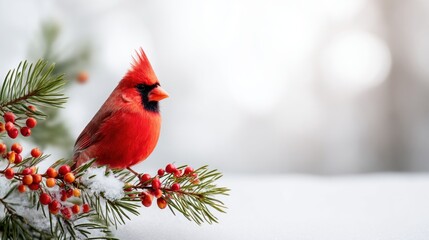 vibrant red cardinal perched on snow-covered branch in winter forest showcasing natural beauty and tranquility