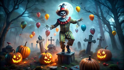 A scary clown with a hat and makeup stands in a graveyard at night with pumpkins and balloons under a full moon
