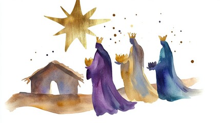 three wise men traveling across desert with gifts under bright star during christmas nativity scene