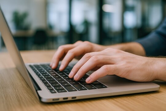 Typing on Laptop: Close-up of Hands Working on Keyboard in Modern Office Environment