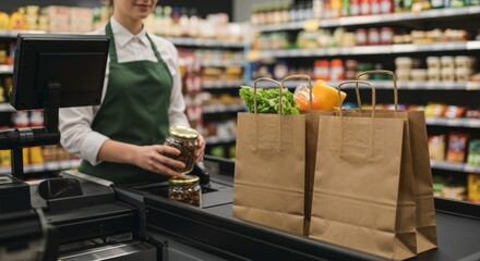 Supermarket checkout scene featuring cashier scanning organic products at store