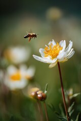 Obraz premium A honeybee approaches a white flower with a yellow center against blurred green background