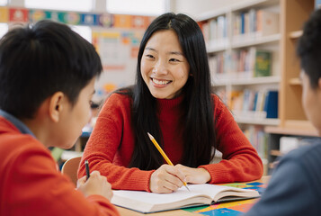 Friendly asian female teacher engaging with attentive students in classroom during a writing activity