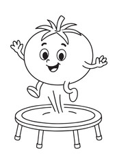Coloring book page of a tomato jumping on a trampoline happily.