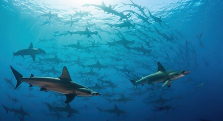 Fototapeta premium School of sharks swimming in the deep blue ocean water