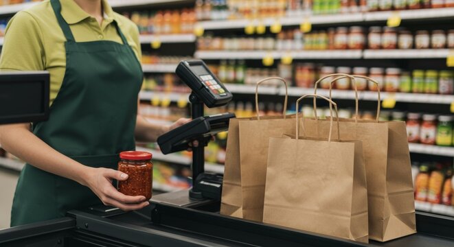 Supermarket checkout: cashier scans salsa with kraft bags at blurred backdrop
