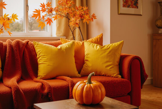 Cozy autumn living room with orange sofa, pumpkins, and fall foliage creating a warm seasonal atmosphere