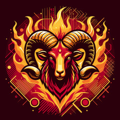 Aries zodiac sign colorful illustration with fiery background, concept