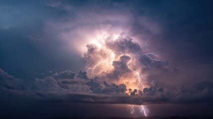 Obraz premium Dark clouds gather as a powerful lightning storm lights up the sky. The electric energy captures the beauty and fury of nature during a summer night.