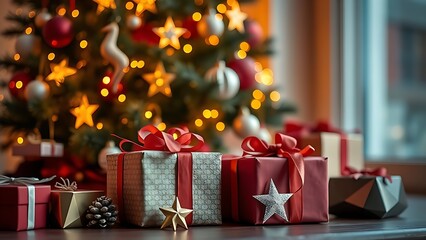 Festive holiday setup with decorated tree and gift boxes, evoking warmth and seasonal joy.