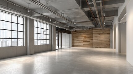 Spacious Modern Industrial Interior with Concrete Floors, Large Windows, and Natural Light for Commercial or Residential Use